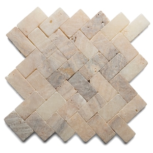 May include: A mosaic tile pattern featuring rectangular tiles in a herringbone design. The tiles are a mix of beige, cream, and gray tones, creating a natural stone appearance. The tiles are arranged in a repeating pattern.