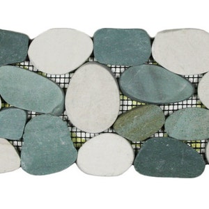 Hand Made Pebble Tile - Sliced Sea Green and White Border 4"x12" - Use for Mosaics, Showers, Flooring, Backsplashes and More!