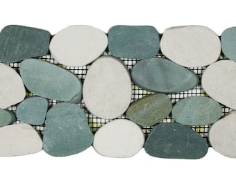 CNK Tile Sliced Sea Green and White Pebble Tile Border Mesh-Backed Natural Stone for Indoor and Outdoor Applications - 4&quot; X 12&quot;