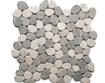 CNK Tile Grey & White Oval Marble Mosaic Tile Handcrafted Mini Pebble Tile Mesh-Backed for Bathroom Walls Showers Backsplashes - 12" X 12"