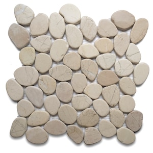 CNK Tile Natural Sliced White Pebble Tile Hand-Selected Stones on Eco-Friendly Mesh Backing Sheet for Floors and Backsplashes - 12&quot; x 12&quot;