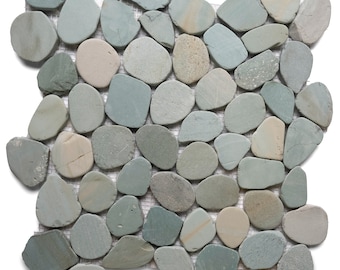 CNK Tile Natural Sliced Sea Green Pebble Tile – Sheet Eco-Friendly Mesh Backing Perfect for Shower Floors Backsplashes - 12&quot; x 12&quot;