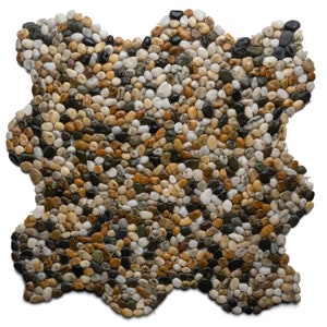 May include: A close-up of a decorative stone mosaic made of small, smooth, rounded pebbles in various shades of brown, white, black, and gray.