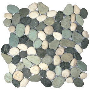 May include: A square mosaic tile composed of various sized, smooth river stones. The stones are in shades of gray, green, and cream, arranged on a black mesh backing. The natural stone tile is suitable for flooring or wall applications.