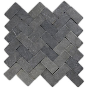 May include: A gray herringbone tile mosaic pattern. The tiles are made of natural stone and have a matte finish.