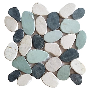 May include: A mosaic tile sheet composed of smooth, oval-shaped stones in varying shades of gray, off-white, and pale green. The stones are arranged closely together, creating a natural, textured surface. Ideal for bathroom or kitchen decor.