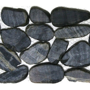 May include: A rectangular mosaic tile sheet composed of dark gray river stones. The stones have natural variations in color and texture, with lighter gray veining. The stones are arranged on a white mesh backing, suitable for flooring or wall applications.