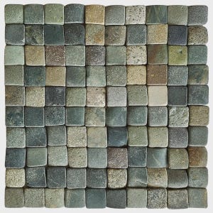May include: A square mosaic tile pattern composed of numerous small, square tiles. The tiles vary in color, ranging from shades of green, gray, and beige. The overall texture appears rough and natural, suggesting a stone or similar material.