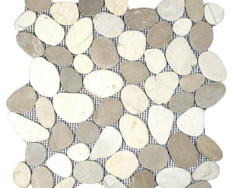 Hand Made Pebble Tile - Sliced Java Tan and White 1 sq. ft. - Use for Mosaics, Showers, Flooring, Backsplashes and More!