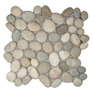 May include: A mosaic tile sheet composed of various sized, smooth river stones in shades of gray, beige, and tan. The stones are affixed to a black mesh backing, creating a natural, textured surface suitable for flooring or wall applications.
