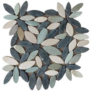 May include: A square mosaic tile composed of numerous oval-shaped stones in shades of gray, beige, and green. The stones are arranged in a floral pattern on a wooden-like background, creating a natural and textured appearance. This tile is suitable for various design applications.