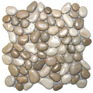 Hand Made Pebble Tile - Glazed Java Tan and White 1 sq. ft. - Use for Mosaics, Showers, Flooring, Backsplashes and More!