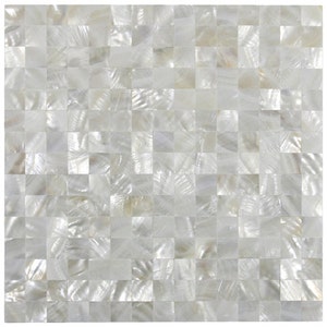May include: Square mosaic tile composed of numerous small, iridescent, off-white squares. The tiles have a pearlescent sheen, reflecting light and creating a shimmering effect. The arrangement is a grid pattern, suitable for various design applications.