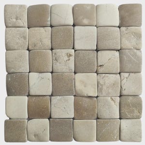 May include: A square mosaic tile pattern composed of small, rounded-corner tiles. The tiles are in shades of beige, tan, and light brown, creating a natural, earthy aesthetic. The tiles are arranged in a grid, suitable for flooring or wall applications.