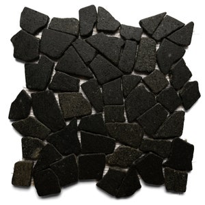 May include: Black irregular shaped stone tiles arranged in a mosaic pattern. The tiles are set on a mesh backing.