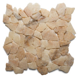 May include: A mosaic tile sheet composed of irregularly shaped, light beige and tan natural stones. The stones are arranged on a white mesh backing, creating a textured surface suitable for various design applications. The stones have a polished appearance.