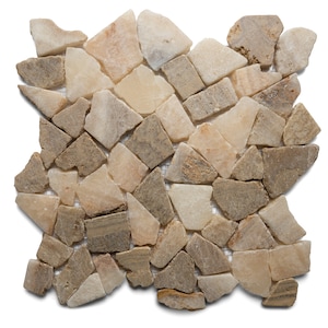 May include: A sheet of beige and white natural stone tile mosaic. The tiles are irregular in shape and size, and are arranged in a random pattern. The mosaic is mounted on a mesh backing.
