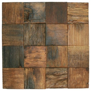 May include: A wall tile made of reclaimed wood with a rustic, natural finish. The tile is made up of 16 smaller squares, each with a unique grain pattern and color variation. The wood is a dark brown with hints of gray and black.