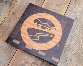 Handcrafted Walnut End Grain Cutting Board with Custom Maple Inlay - Personalized Text or Logo