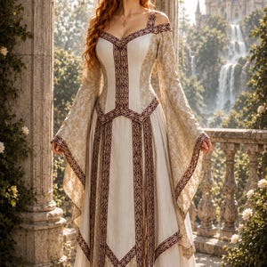 May include: A cream-coloured fantasy gown with long, flowing sleeves and intricate burgundy trim. The dress features a fitted bodice and a flared skirt. The background includes a castle, waterfalls, and lush greenery, creating an ethereal aesthetic.