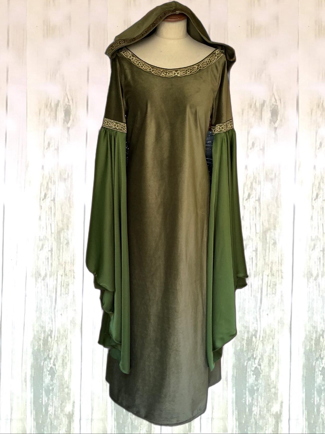 Modern Elf Robe Elf Dress Hooded Velvet Gown Forest Elven Costume Olive Green Fantasy ...