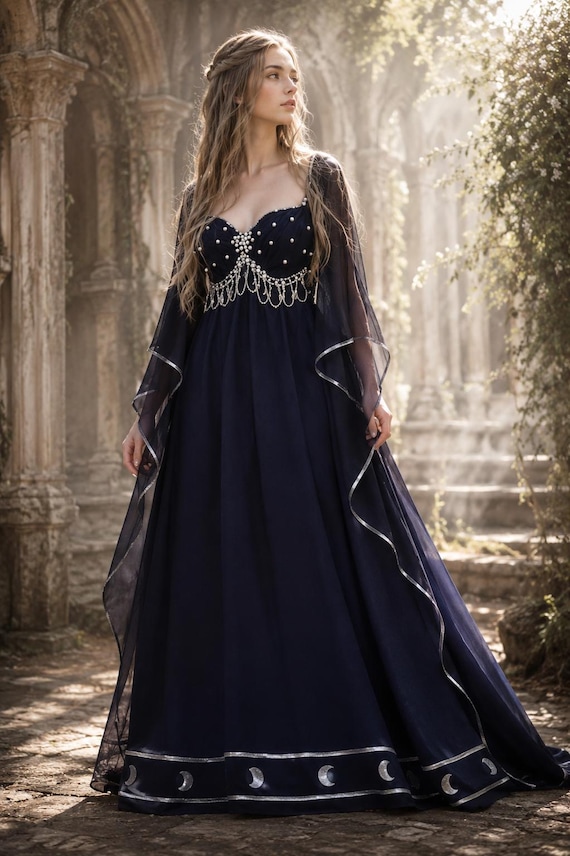 Fantasy Costume, Sailor Moon Cosplay, Wikka Priestess Dress, Moon Elf Dress, Mother Goddess Dress, LARP, LARP, Moon Phases Fantasy Dress