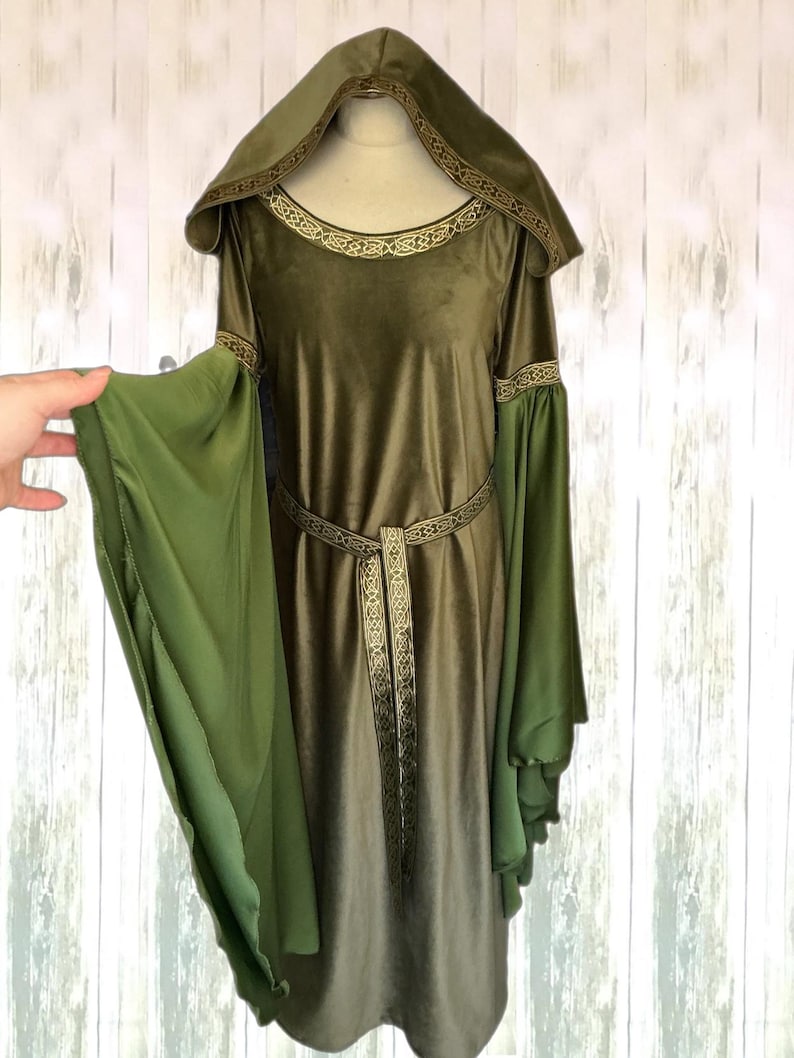 Modern Elf Robe Elf Dress Hooded Velvet Gown Forest Elven Costume Olive Green Fantasy ...