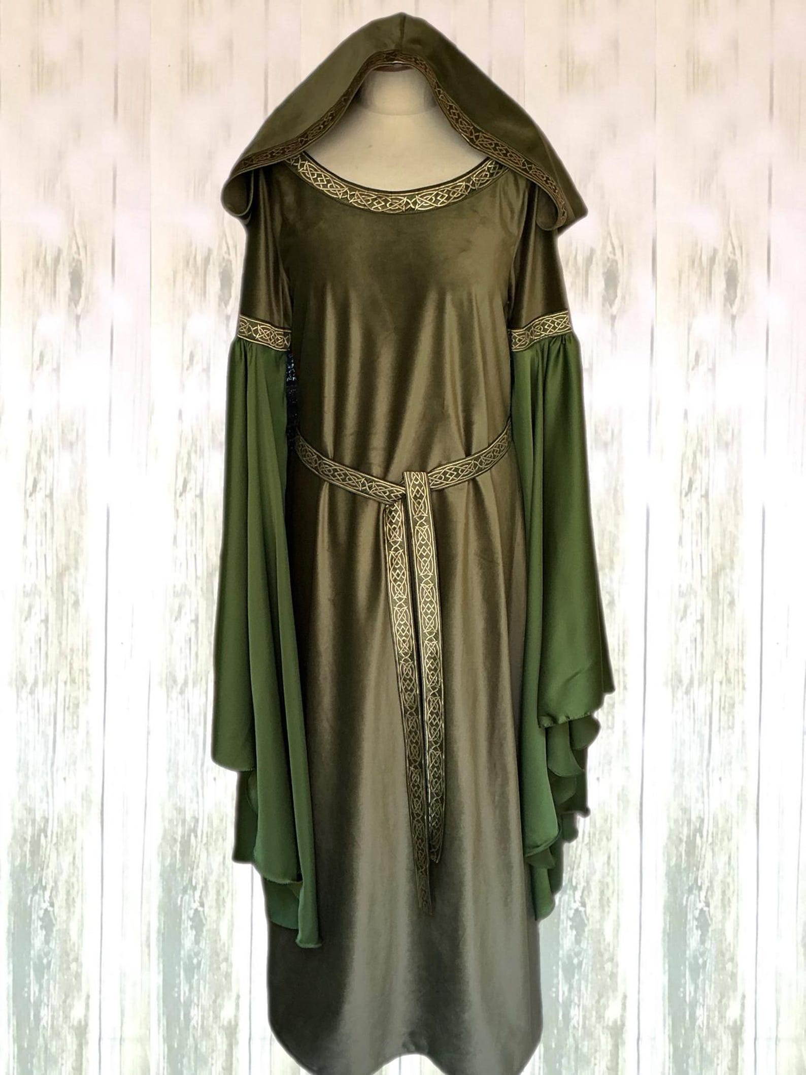 Modern Elf Robe Elf Dress Hooded Velvet Gown Forest Elven Costume Olive Green Fantasy ...