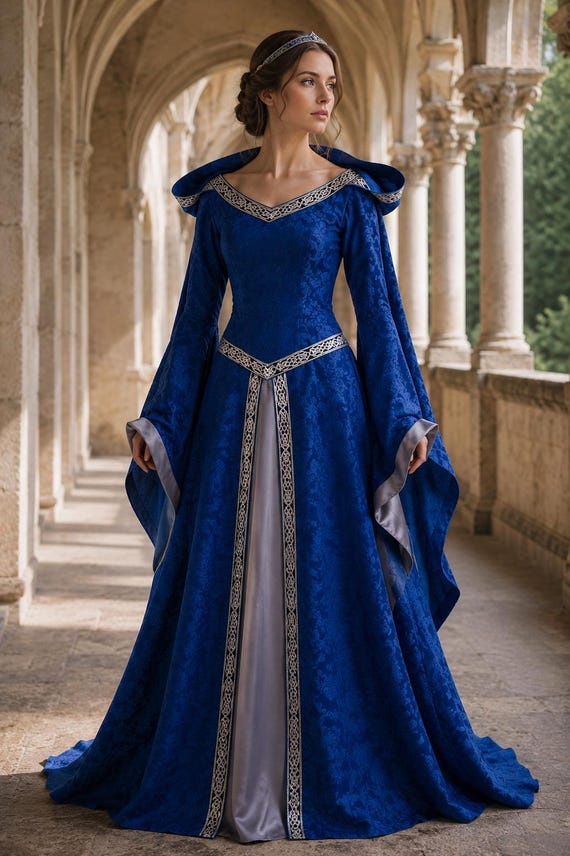 blue damask dress Blue Damask Maxi Dress with Blouson Sleeves and Ruffle Cuffs