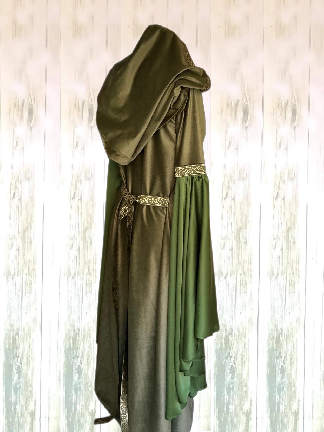 Modern Elf Robe Elf Dress Hooded Velvet Gown Forest Elven Costume Olive Green Fantasy ...