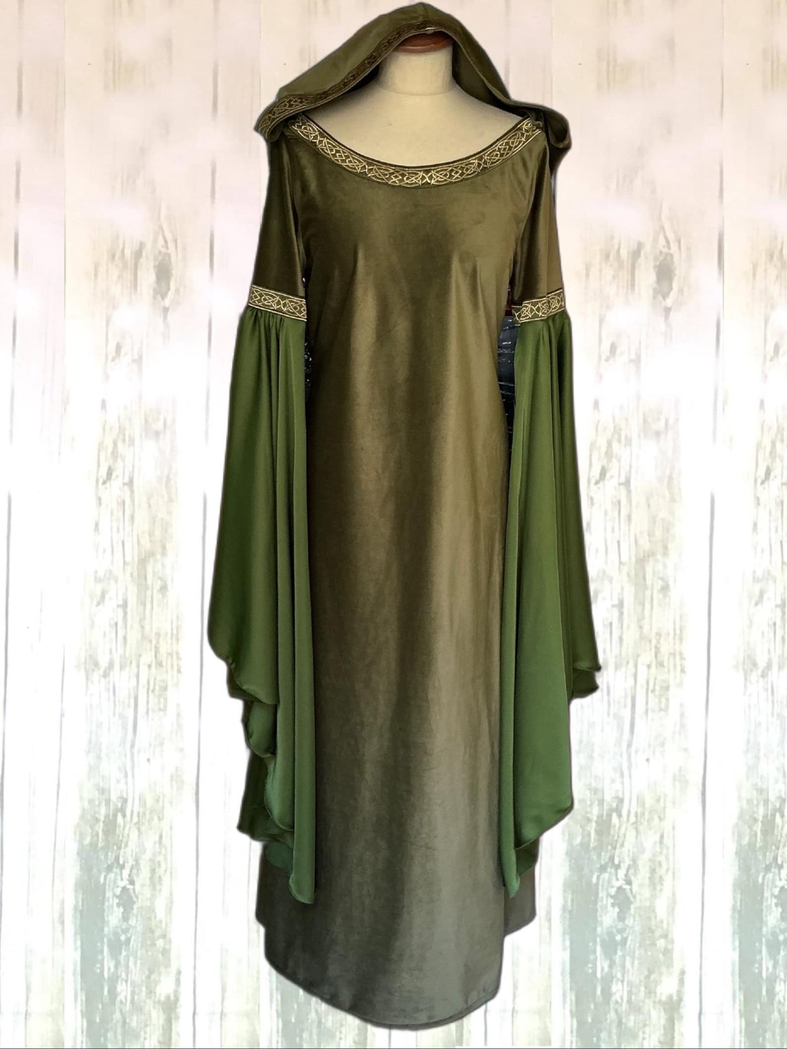 Velvet Elf Robe Elf Dress Hooded Velvet Gown Forest Elven Costume Olive Green Fantasy ...