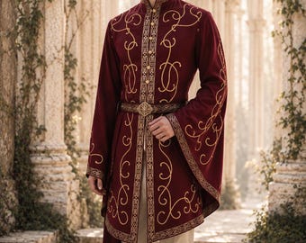Fantasy Noble Tunic in Heavy Cotton – Custom Made LARP Prince Costume with Elvish Embroidery