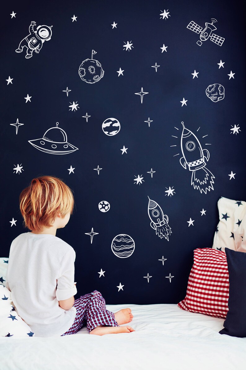 Space Wall Decals Outer Space Nursery Decor Rocket Ship Etsy