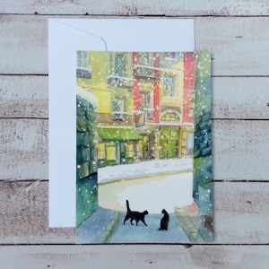 Kerstkaart, feestelijke kaart, kattenkaart, aquarel stadsstraat, aquarelkaart, kerstillustratie, aquarel kerstkaart