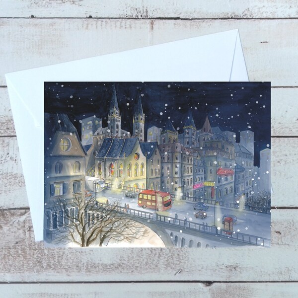 Carte postale Noël, carte de fête, carte Londres voeux, aquarelle ville Londres, carte aquarelle, illustration Noël, aquarelle carte Noël