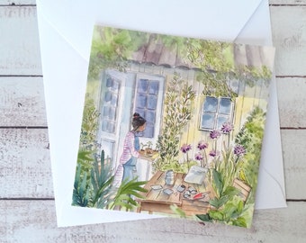 Small square postcard, watercolor garden illustration, postcard, youth illustration