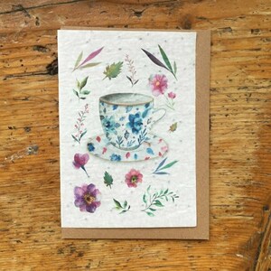 Carte à planter, carte fleurs tasse, aquarelle fleurs carte, carte à semer, carte à graines, les cartes de Lulu, Delphine Balme