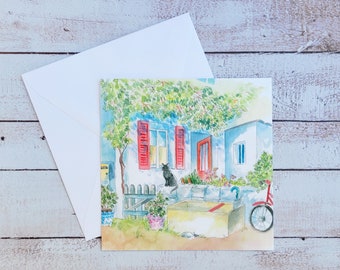 Watercolor postcard, country house illustration, watercolor house cat, country postcard, landscape illustration