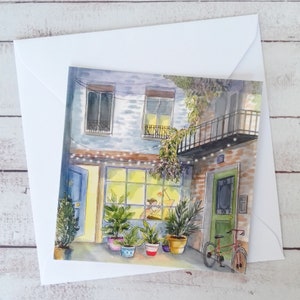 Petite carte postale carrée, illustration atelier aquarelle, carte postale, illustration femme dans atelier Paris