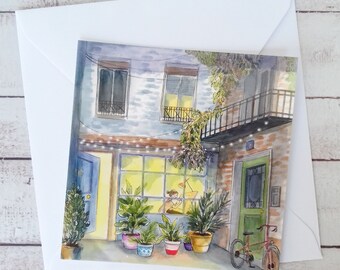 Petite carte postale carrée, illustration atelier aquarelle, carte postale, illustration femme dans atelier Paris