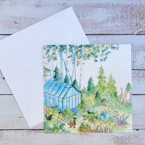 Cartão postal de jardim, horta, ilustração de jardim de estufa, cartão postal quadrado, ilustração de horta, ilustração de juventude