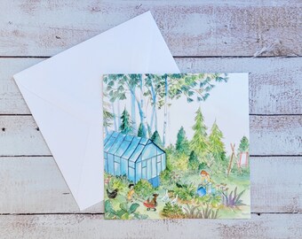 Garden postcard, vegetable garden, greenhouse garden illustration, square postcard, vegetable garden illustration, youth illustration