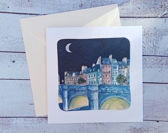 Pont Neuf Paris double card, Paris watercolor bridge illustration, art card, Paris buildings watercolor, Pont Neuf Paris watercolor