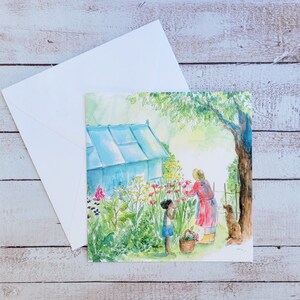 Cartão postal de jardim pequeno, ilustração de estufa e jardim, flores de jardim em aquarela, cartão postal quadrado, aquarela de estufa, aquarela infantil