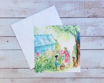 Small garden postcard, greenhouse and garden illustration, watercolor garden flowers, square postcard, greenhouse watercolor, children's watercolor