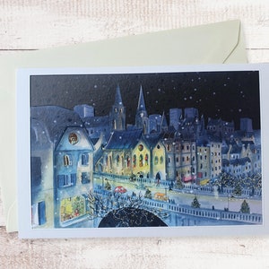 Londense kerstkaart, dubbele kerststadskaart, nachtstad aquarel, vergulding kunstkaart, feestkunstkaart, kerstillustratie, aquarel kerstkaart