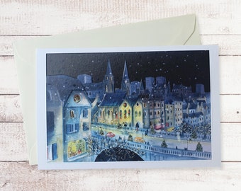 London Christmas card, double Christmas city card, night city watercolor, gilding art card, party art card, Christmas illustration, watercolor Christmas card