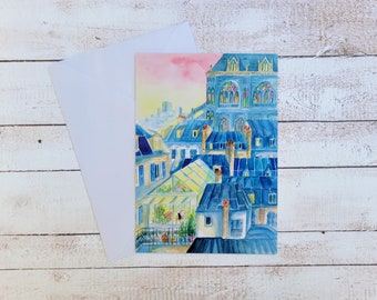 Paris postcard, watercolor postcard, Paris watercolor, watercolor map, Paris skyline, Paris illustration, Paris A6 card
