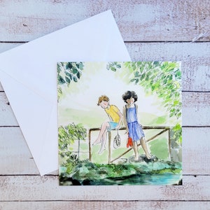 Petite carte postale carrée, carte enfant paysage, illustration aquarelle, carte postale enfant, illustration jeunesse