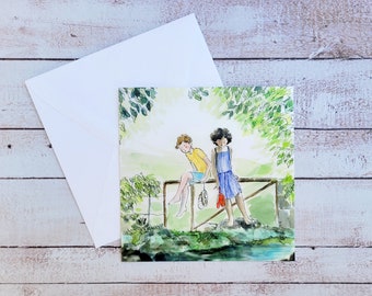 Small square postcard, landscape children's card, watercolor illustration, children's postcard, youth illustration